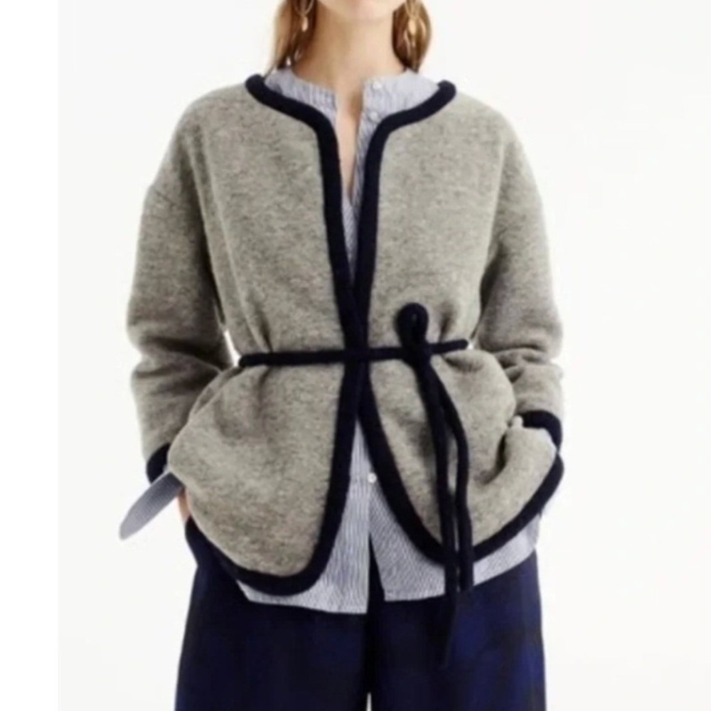 J Crew Boiled Wool Cardigan Jacket Gray Navy Blue Open Tie Waist Wool Medium